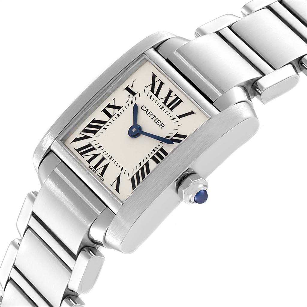 The image shows a close-up of a Cartier Tank Francaise W51008Q3 Women
s Stainless Steel Silver Dial W51008Q3 Women
s Stainless Steel Silver Dial watch, highlighting the face, crown, and part of the bracelet.