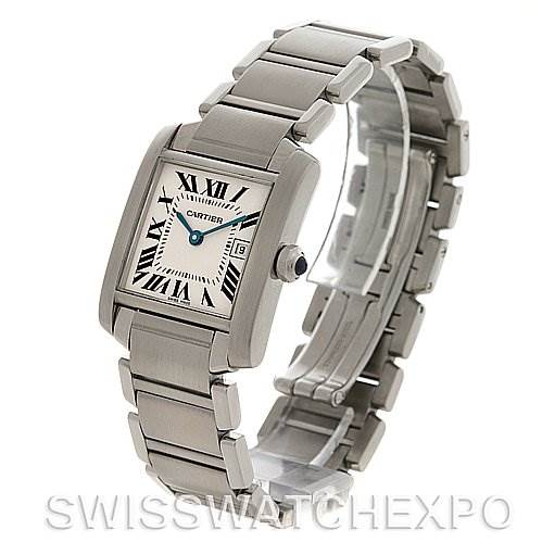 This image shows a profile view of a Cartier Tank Française watch, highlighting its rectangular face and metal bracelet.