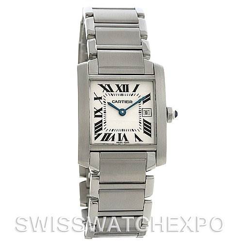 The image shows a front view of the Cartier Tank Francaise W51011Q3 Women's Stainless Steel Silver Dial W51011Q3 Women's Stainless Steel Silver Dial watch, displaying its face, bracelet, and clasp.