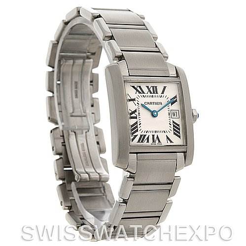 The image displays a Cartier Tank Française watch at a slight angle, showing the face, bracelet, and part of the clasp.