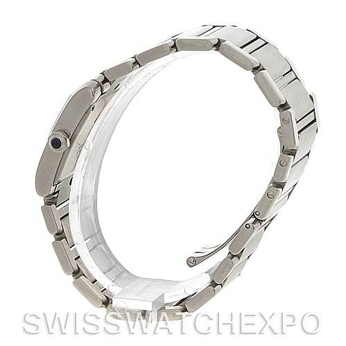 The Cartier Tank Francaise W51011Q3 Women's Stainless Steel Silver Dial W51011Q3 Women's Stainless Steel Silver Dial watch is shown from a side angle highlighting its bracelet and case.