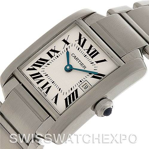 The image shows a close-up angle of the Cartier Tank Francaise W51011Q3 Women's Stainless Steel Silver Dial W51011Q3 Women's Stainless Steel Silver Dial watch, highlighting the face, crown, and part of the bracelet.