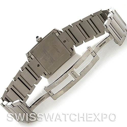 The image shows the backside and clasp of a Cartier Tank Francaise W51011Q3 Women's Stainless Steel Silver Dial W51011Q3 Women's Stainless Steel Silver Dial watch, emphasizing the bracelet and case back.