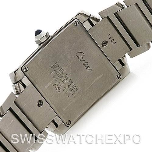 The image shows the back and part of the bracelet of the Tank Française model by Cartier.