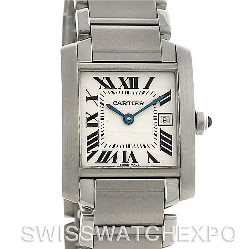 This image shows a front view of the Cartier Tank Francaise W51011Q3 Women's Stainless Steel Silver Dial W51011Q3 Women's Stainless Steel Silver Dial watch, displaying its bracelet, Roman numeral dial, and date window.