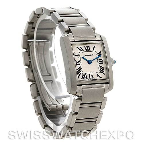 The image shows a Cartier Tank Française watch with a stainless steel bracelet, viewed from a slightly left front angle.