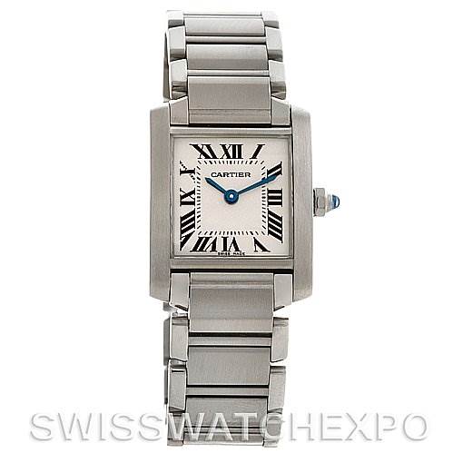 The image shows a front view of the Cartier Tank Francaise W51008Q3 Women's Stainless Steel White Dial W51008Q3 Women's Stainless Steel White Dial watch, highlighting the face, Roman numerals, blue hands, and stainless steel bracelet.