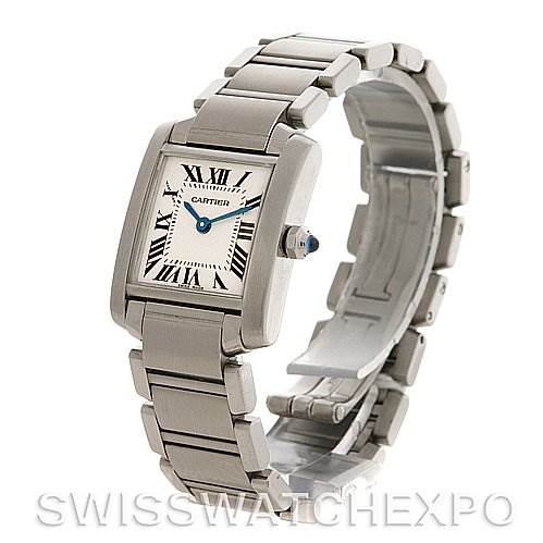 The image shows a side angle of the Cartier Tank Francaise W51008Q3 Women's Stainless Steel White Dial W51008Q3 Women's Stainless Steel White Dial watch, highlighting the watch face, bracelet, and clasp.