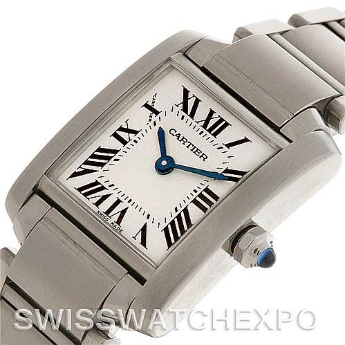 The Cartier Tank Francaise W51008Q3 Women's Stainless Steel White Dial W51008Q3 Women's Stainless Steel White Dial watch is shown at an angled view highlighting its rectangular dial, blue steel hands, and stainless steel bracelet.