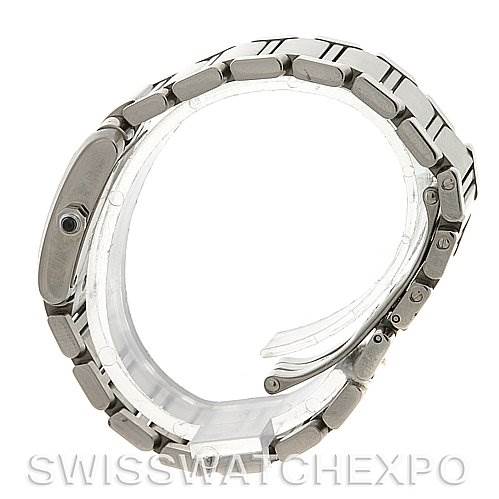 This side-angle view of the Cartier Tank Francaise W51008Q3 Women's Stainless Steel White Dial W51008Q3 Women's Stainless Steel White Dial watch emphasizes the bracelet and case.