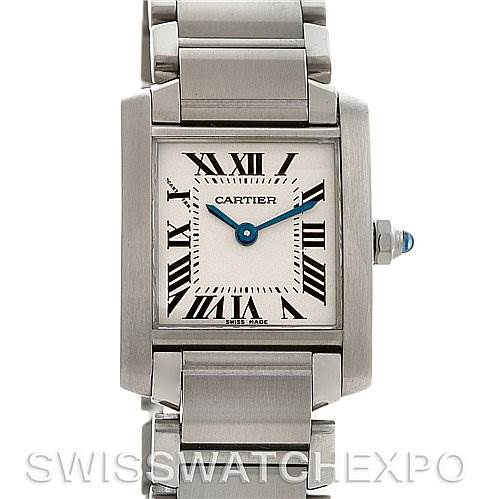 The Cartier Tank Francaise W51008Q3 Women's Stainless Steel White Dial W51008Q3 Women's Stainless Steel White Dial watch is shown from a front angle, displaying its square face, Roman numerals, and bracelet.