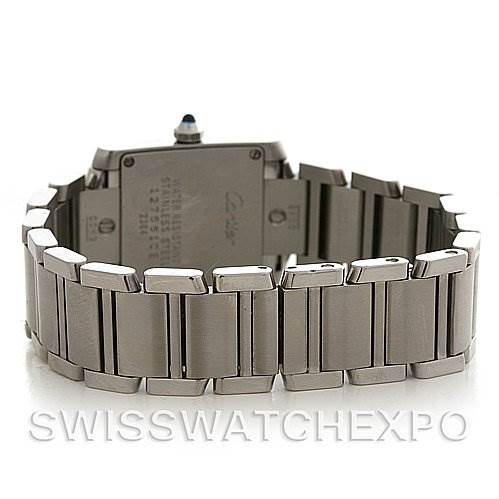 This image shows the back and bracelet of a Cartier Tank Francaise W51008Q3 Women's Stainless Steel White Dial W51008Q3 Women's Stainless Steel White Dial watch from a rear angle.