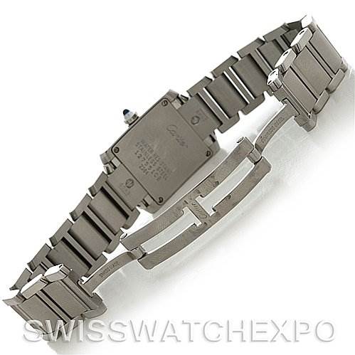 The image shows the backside and bracelet of a Cartier Tank Francaise W51008Q3 Women's Stainless Steel White Dial W51008Q3 Women's Stainless Steel White Dial watch, highlighting the clasp and case back.