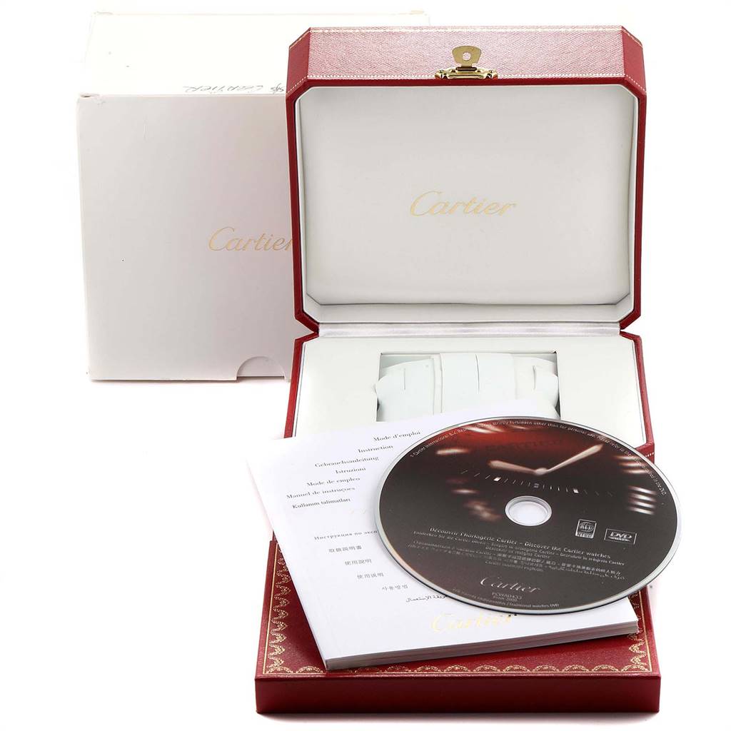 The image shows an open Cartier Tank Francaise W51011Q3 Stainless Steel Silver Dial W51011Q3 Stainless Steel Silver Dial watch box, along with a manual and CD.