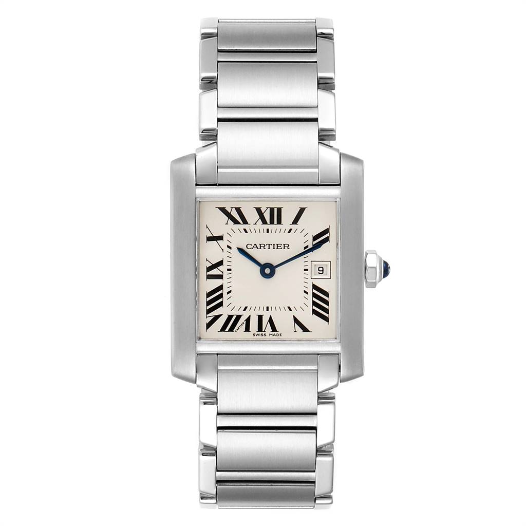 The Cartier Tank Francaise W51011Q3 Stainless Steel Silver Dial W51011Q3 Stainless Steel Silver Dial watch is shown from a top-down angle, displaying its face and metal bracelet.