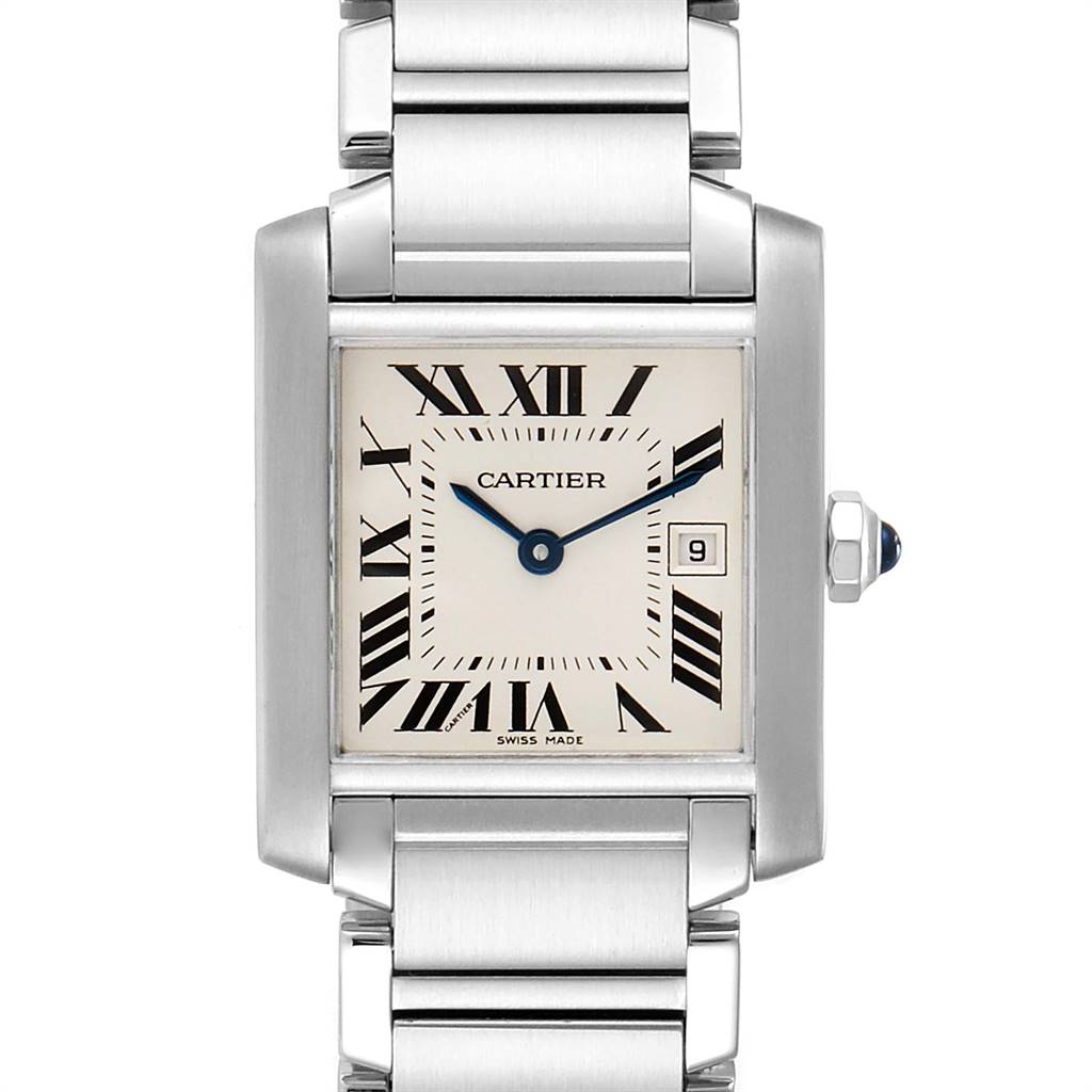 This image shows a front view of the Cartier Tank Francaise W51011Q3 Stainless Steel Silver Dial W51011Q3 Stainless Steel Silver Dial watch, highlighting its rectangular case, Roman numeral dial, and metal bracelet.