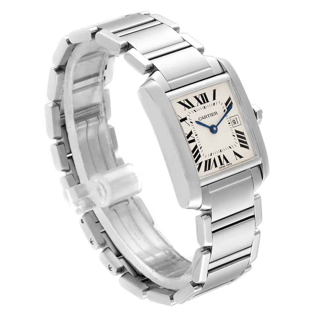 The Cartier Tank Française watch is shown at an angled view, highlighting its bracelet, case, and dial with Roman numerals.