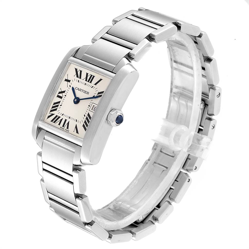 This image shows a Cartier Tank Francaise W51011Q3 Stainless Steel Silver Dial W51011Q3 Stainless Steel Silver Dial watch at a three-quarter angle, highlighting the face, bezel, crown, and stainless steel bracelet.