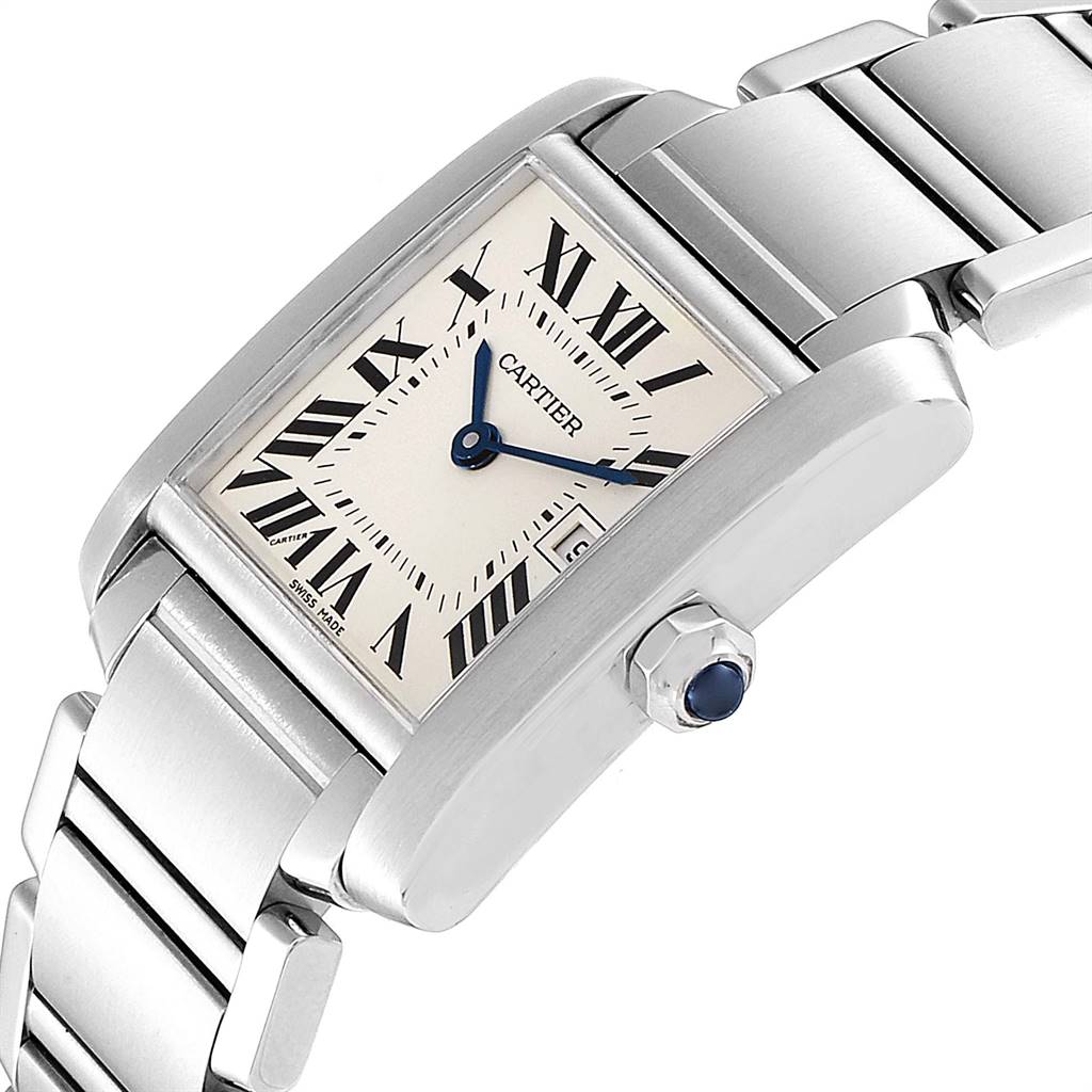 The image shows the dial, crown, and part of the bracelet of a Cartier Tank Française watch from a tilted side angle.