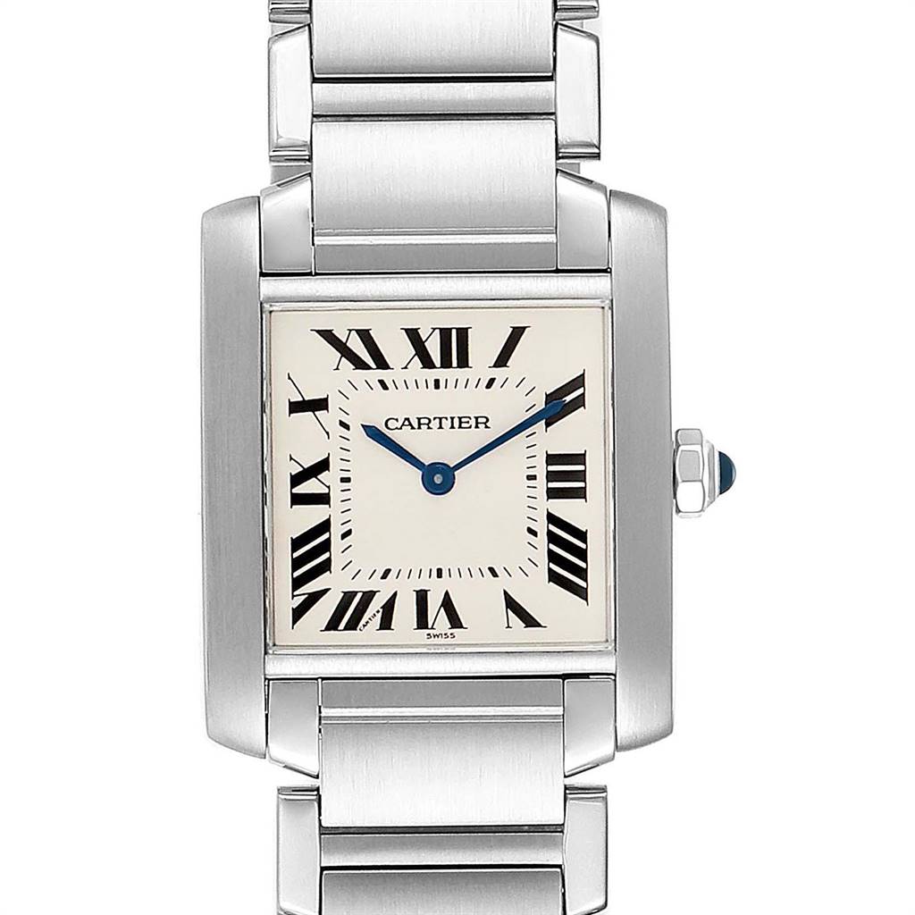 This image shows a front view of the Cartier Tank Française watch, displaying the dial, Roman numerals, and part of the metal bracelet.