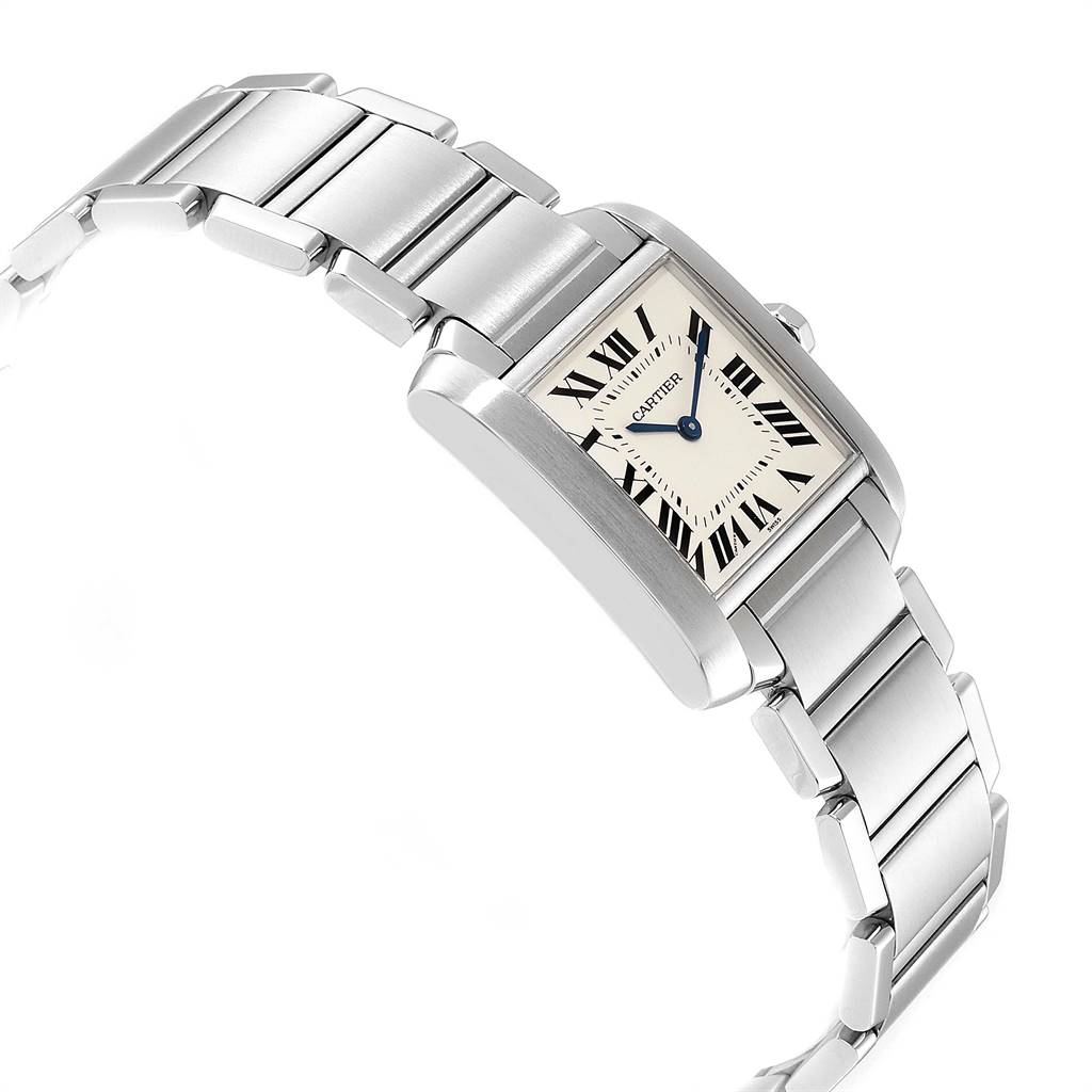 The image shows a Cartier Tank Francaise WSTA0005 Women
s Stainless Steel Silver Dial WSTA0005 Women
s Stainless Steel Silver Dial watch from an angled view, highlighting the rectangular dial and part of the metal bracelet.
