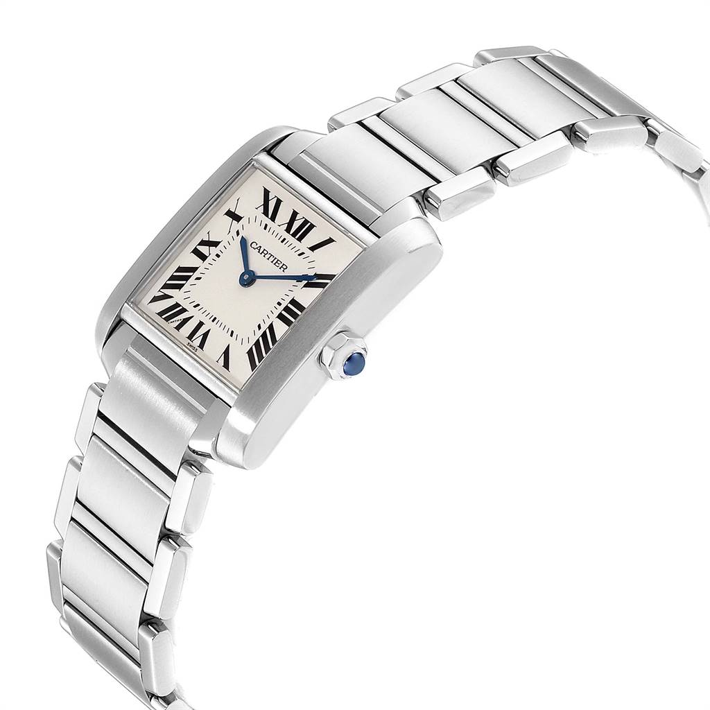 This image shows a side angle of the Cartier Tank Française watch, highlighting its rectangular face and metal bracelet.