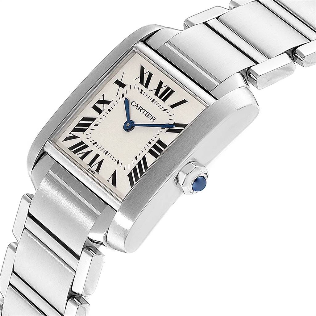 The image shows a close-up angle of the face and stainless steel bracelet of the Cartier Tank Francaise WSTA0005 Women
s Stainless Steel Silver Dial WSTA0005 Women
s Stainless Steel Silver Dial watch.