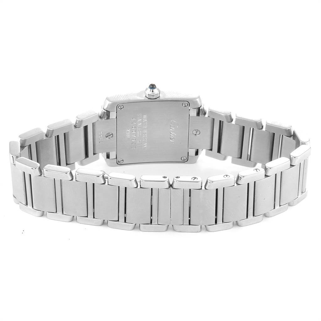 This image shows the back view of a Cartier Tank Francaise W51008Q3 Women's Stainless Steel Silver Dial W51008Q3 Women's Stainless Steel Silver Dial watch, highlighting the case back and metal bracelet.
