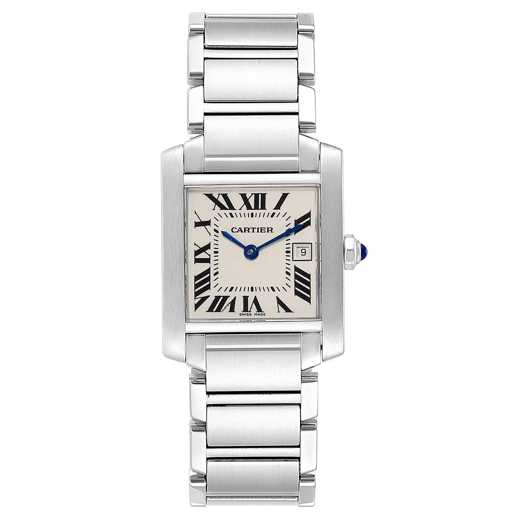 This image shows a frontal view of a Cartier Tank Francaise W51011Q3 Women
s Stainless Steel Silver Dial W51011Q3 Women
s Stainless Steel Silver Dial watch, displaying its square face, Roman numerals, and metal bracelet.