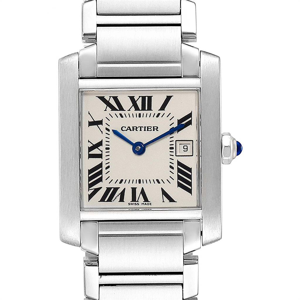 This image shows a close-up of the face and part of the bracelet of a Cartier Tank Française watch.