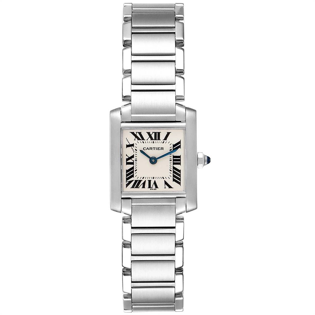 The image shows a frontal view of the Cartier Tank Francaise W51008Q3 Women
s Stainless Steel Silver Dial W51008Q3 Women
s Stainless Steel Silver Dial watch, highlighting its rectangular face, Roman numerals, and stainless steel bracelet.