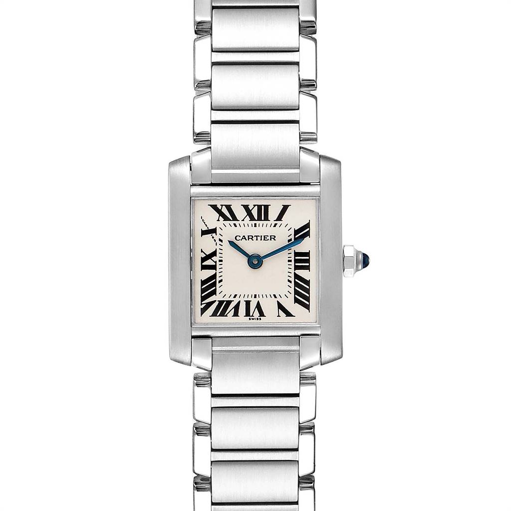 This image shows a full, front-angle view of the Cartier Tank Francaise W51008Q3 Women
s Stainless Steel Silver Dial W51008Q3 Women
s Stainless Steel Silver Dial watch, revealing its dial, blue hands, and bracelet.