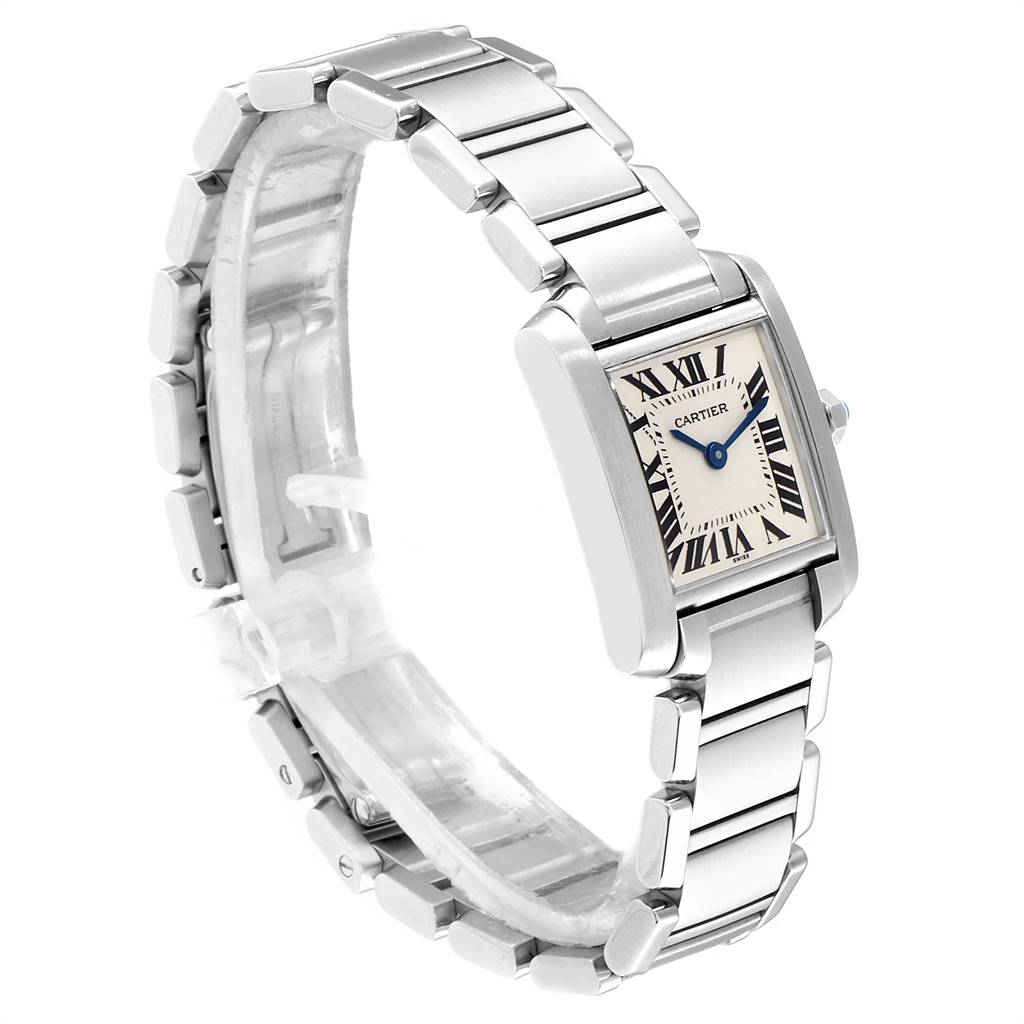 The image shows a Cartier Tank Francaise W51008Q3 Women
s Stainless Steel Silver Dial W51008Q3 Women
s Stainless Steel Silver Dial watch from an angled side view, highlighting the rectangular face and steel bracelet.