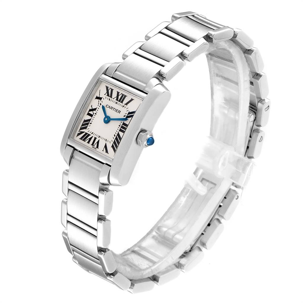 This image shows a Cartier Tank Francaise W51008Q3 Women
s Stainless Steel Silver Dial W51008Q3 Women
s Stainless Steel Silver Dial watch from a three-quarter angle, displaying the face, bracelet, and side profile.