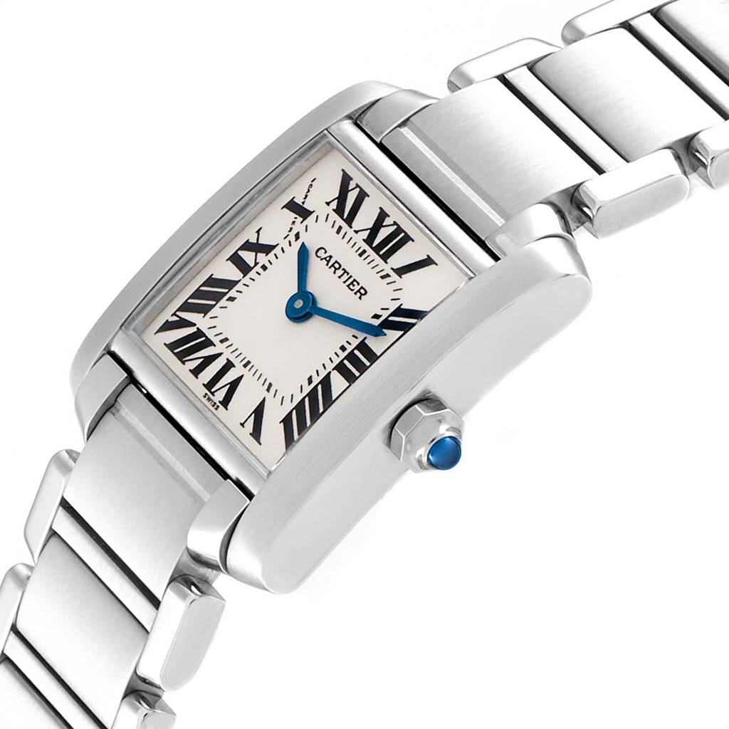 The image shows the Cartier Tank Francaise W51008Q3 Women
s Stainless Steel Silver Dial W51008Q3 Women
s Stainless Steel Silver Dial watch at a close-up three-quarter angle, highlighting the face, crown, and part of the bracelet.