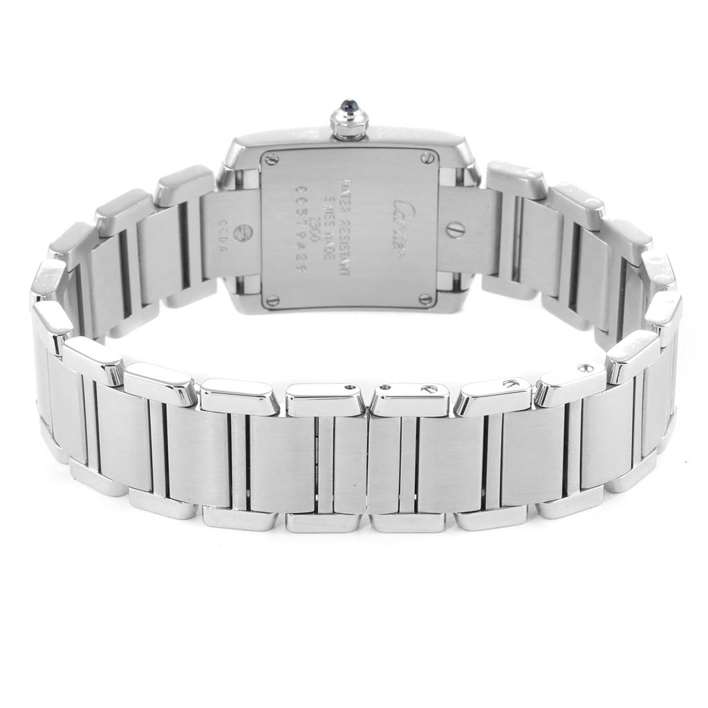 The image shows the back case and metal bracelet of a Cartier Tank Francaise W51008Q3 Women
s Stainless Steel Silver Dial W51008Q3 Women
s Stainless Steel Silver Dial watch from a rear angle.