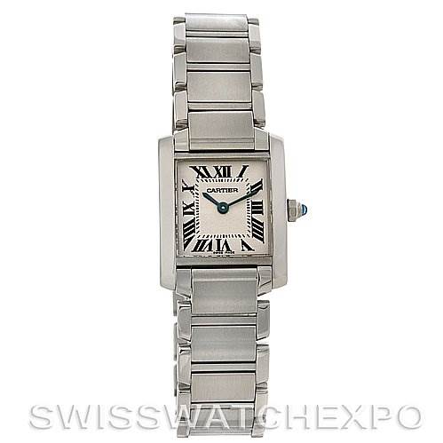 The image shows a front view of a Tank Francaise model by Cartier, displaying its rectangular face and metal bracelet.