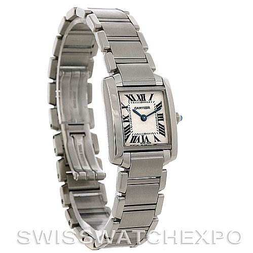 The Cartier Tank Francaise W51008Q3 Women's Stainless Steel White Dial W51008Q3 Women's Stainless Steel White Dial watch is shown at a three-quarter angle, displaying the face and stainless steel bracelet.