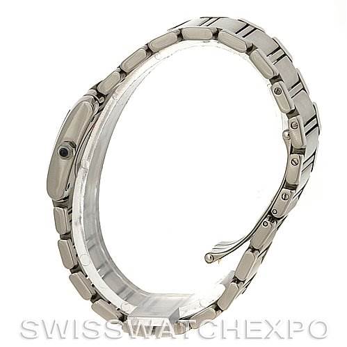 The image shows a side profile view of the Tank Francaise watch by Cartier, highlighting its bracelet and part of the clasp.