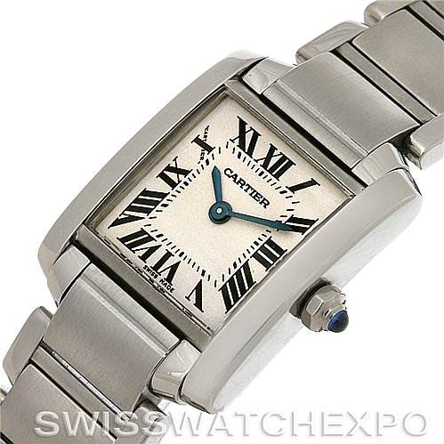 This image shows a Cartier Tank Francaise W51008Q3 Women's Stainless Steel White Dial W51008Q3 Women's Stainless Steel White Dial watch at an angle highlighting the watch face, bracelet, and crown.