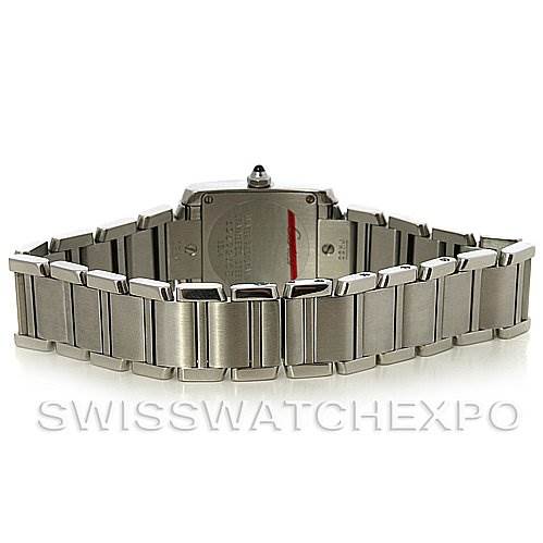 This image shows the back view of a Cartier Tank Francaise W51008Q3 Women's Stainless Steel White Dial W51008Q3 Women's Stainless Steel White Dial watch, highlighting its stainless steel bracelet and clasp.