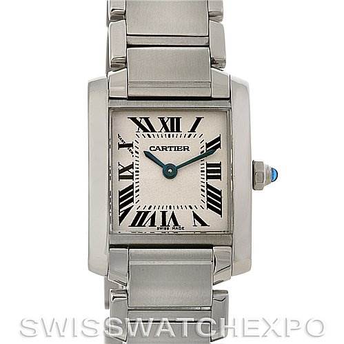 This image shows a front view of a Cartier Tank Francaise W51008Q3 Women's Stainless Steel White Dial W51008Q3 Women's Stainless Steel White Dial watch, displaying its face, bezel, crown, and part of the bracelet.