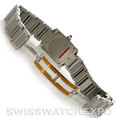 The image shows the case back and bracelet of a Cartier Tank Francaise W51008Q3 Women's Stainless Steel White Dial W51008Q3 Women's Stainless Steel White Dial watch, with the folding clasp extended.