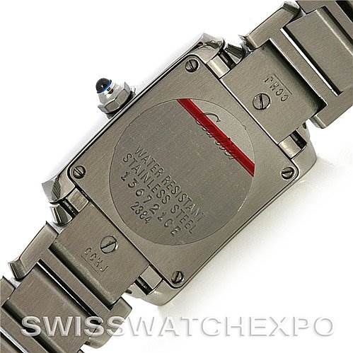 This image shows the back of a Cartier Tank Francaise W51008Q3 Women's Stainless Steel White Dial W51008Q3 Women's Stainless Steel White Dial watch, focusing on the stainless steel case and part of the bracelet.