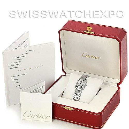 The image shows a Cartier Tank Francaise W51008Q3 Women's Stainless Steel White Dial W51008Q3 Women's Stainless Steel White Dial watch in an open red case, accompanied by booklets and papers.