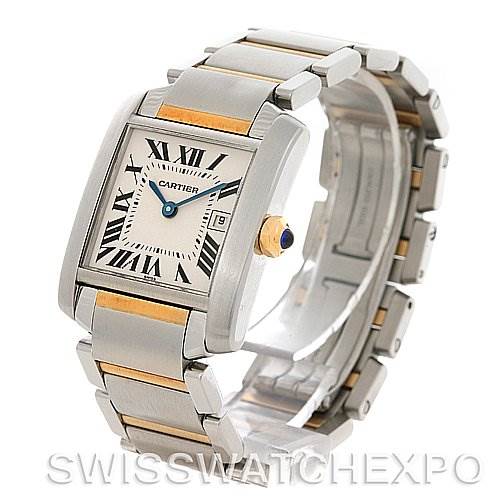 The Cartier Tank Francaise W51012Q4 Women's Steel and Gold (two tone) Silver Dial W51012Q4 Women's Steel and Gold (two tone) Silver Dial watch is displayed at a three-quarter angle showing the face, bracelet, and crown.