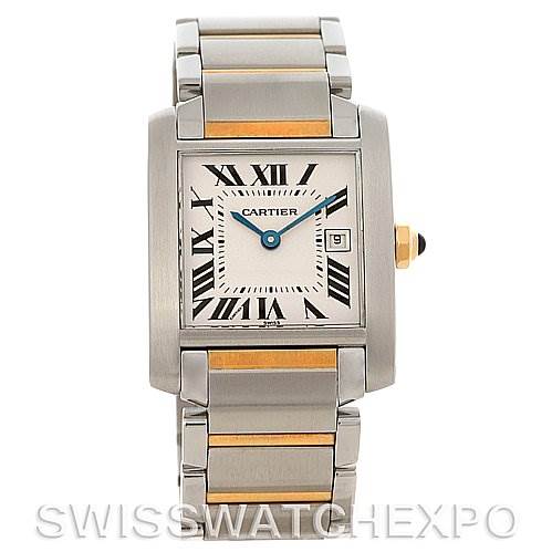 The Cartier Tank Francaise W51012Q4 Women's Steel and Gold (two tone) Silver Dial W51012Q4 Women's Steel and Gold (two tone) Silver Dial watch is shown from a front angle, highlighting its rectangular face, bracelet, and Roman numerals.