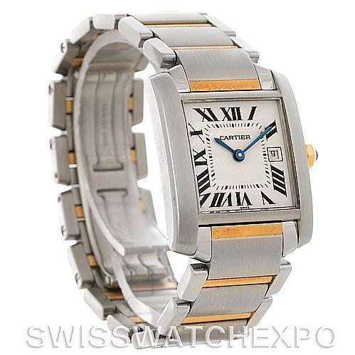 The image shows a Cartier Tank Francaise W51012Q4 Women's Steel and Gold (two tone) Silver Dial W51012Q4 Women's Steel and Gold (two tone) Silver Dial model watch at a slight left angle, highlighting the face, bracelet, and clasp.