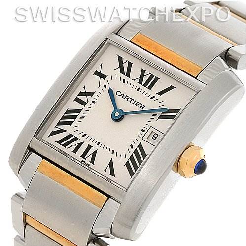 This image shows a Tank Francaise watch by Cartier from an oblique angle, highlighting the dial, bracelet, and crown details.