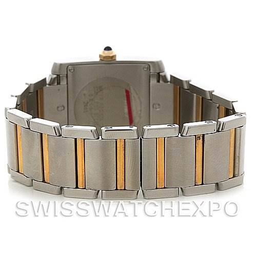 This image shows the back view of a Cartier Tank Francaise W51012Q4 Women's Steel and Gold (two tone) Silver Dial W51012Q4 Women's Steel and Gold (two tone) Silver Dial model, focusing on the two-tone metal bracelet with steel and gold accents.